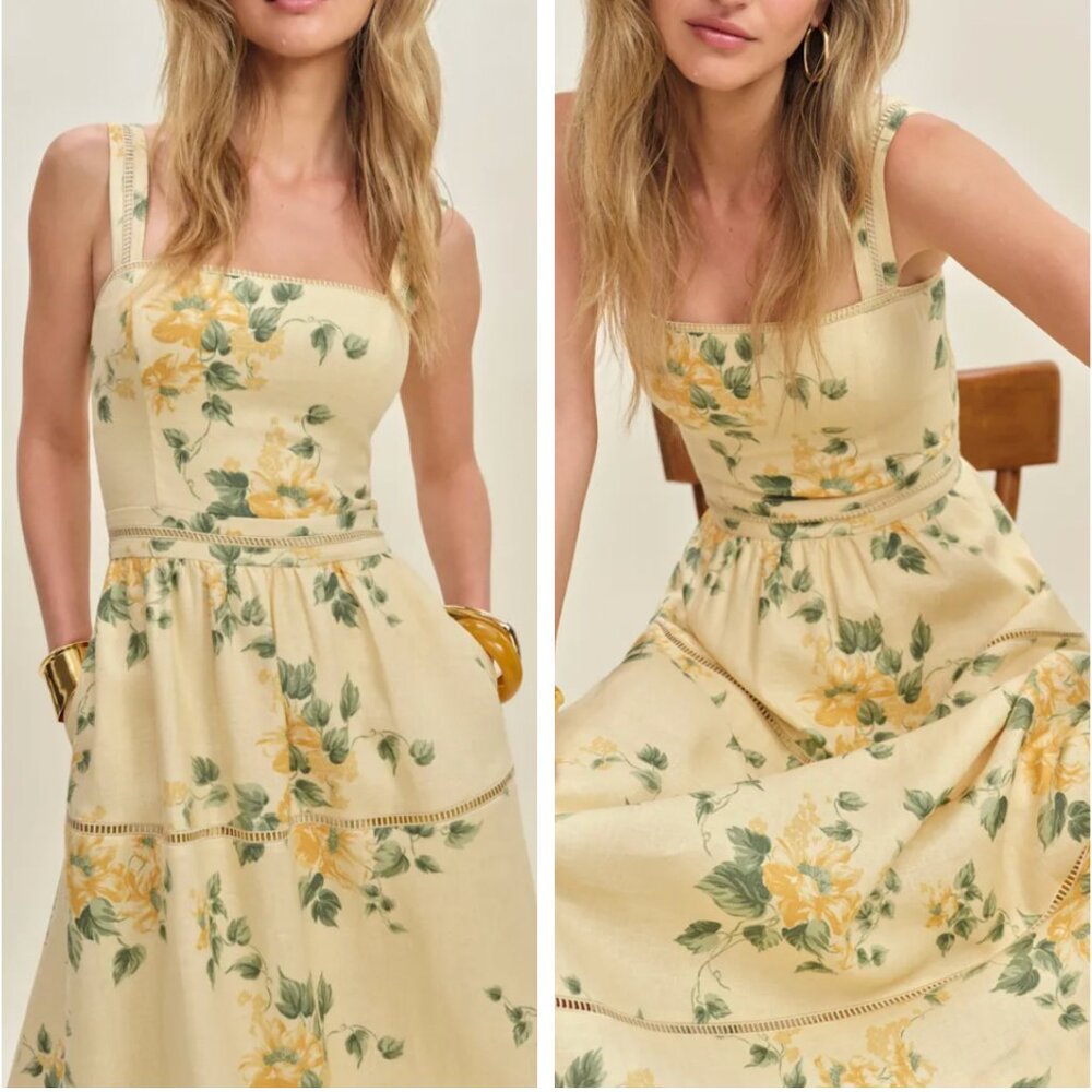 BEST Reformation Everett Linen Midi Dress Radiance Yellow Floral Wedding Casual - Picture 3 of 11